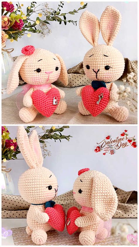 Valentine Amigurumi Free Pattern, Valentine Crochet Ideas, Valentine Crochet Patterns Free, Bunny Crochet Free Pattern, Crochet Valentines Ideas, Valentine Animals, Amigurumi Crochet Free Pattern, Crochet Valentines, Crochet Valentine Patterns