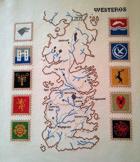 The Very Best Pop Culture Cross Stitch Cross Stitch Map, Cross Stitch Games, Westeros Map, Geeky Cross Stitch, Pattern Game, Nerd Crafts, Diy Broderie, Geek Crafts, Gra O Tron