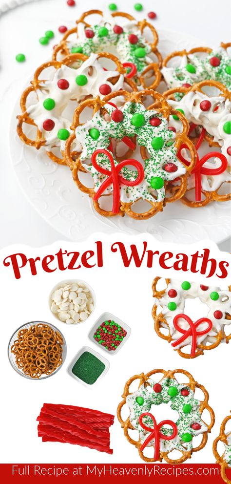 pretzel wreath treats Pretzel Wreath, Chocolate Pretzels Christmas, Pretzel Christmas, Christmas Pretzel, My Heavenly Recipes, Christmas Pretzels, Heavenly Recipes, Pretzel Treats, Christmas Baking Cookies