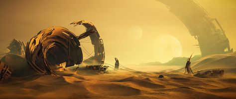 Desert wreckage sci-fi, Pablo Munoz Gomez on ArtStation at https://www.artstation.com/artwork/KKYlr Sci Fi Desert Landscape, Numenera Landscapes, Alien Desert, Alive Film, Keyshot Render, Sand City, Desert Biome, Desert Planet, Desert Background