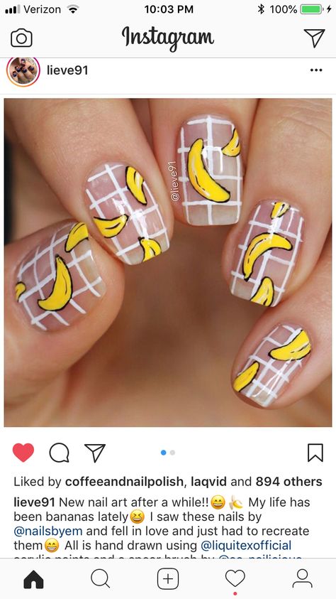 Banana Nails, Tropical Nail Designs, Checkered Nails, Nail Design Glitter, American Nails, Fruit Nail Art, Yellow Nail Art, Yellow Nails Design, Tropical Nails