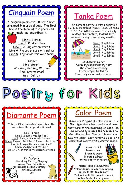 Teach the different styles of poetry to kids in the classroom.  Includes poetry definitions, examples, and activities. Great for elementary school. Poems Template, Cinquain Poetry, Arts Preschool, Poetry Anchor Chart, Cinquain Poems, Types Of Poems, Poem Template, Poems For Kids, Poetry Activities