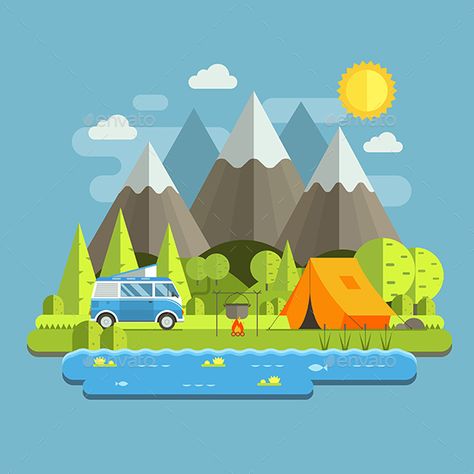 Camping Travel Landscape in Flat Style by krugli Campsite place in mountain lake area. Forest camping travel landscape with rv camper bus in flat design. Summer camp place with tr Camping Landscape, Camping Tattoo, Camping Desserts, Mountain Camping, Flat Design Illustration, Travel Landscape, Estate Logo, Affinity Designer, Up Book