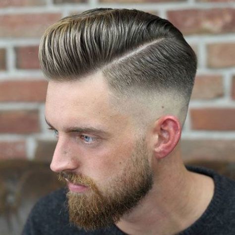 Mid skin fade with the hard part and slicked to the side!! #GroomUp #Theguybar Pompadour Hair, Side Part Pompadour, Male Haircuts, Fade Undercut, Rockabilly Lifestyle, Pompadour Haircut, Undercut Hairstyle, Modern Pompadour, Pompadour Style