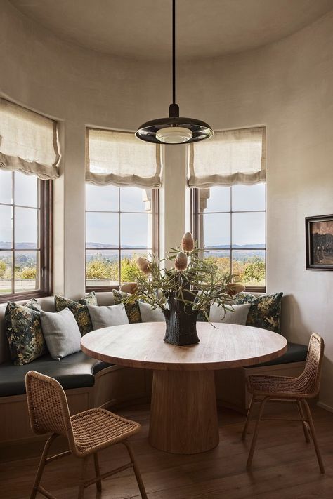 SONOMA — Lindsay Gerber Interiors Spanish Style Breakfast Nook, Curved Breakfast Nook, Breakfast Nook Design, Breakfast Nook Bench Bay Window, Bay Window Dining Area, Nook With Bench, Breakfast Nook Ideas Bay Window, Breakfast Nook Bay Window, Dining Nook Ideas