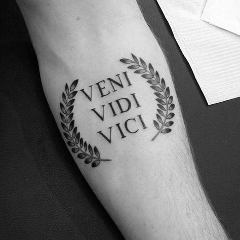 60 Veni Vidi Vici Tattoo Designs For Men - Julius Caesar Ideas                                                                                                                                                                                 More Latin Tattoo, Roman Tattoo, Tatuagem Masculina Pequena, Vintage Tattoos, Veni Vidi Vici, Inspiration Tattoos, Small Tattoos Simple, Cat Tattoos, Tiny Tattoo