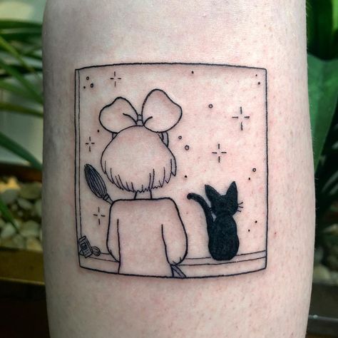 Kiki's Delivery Service Tattoos, Kiki's Delivery Service Tattoo Ideas, Jiji Kiki's Delivery Service Tattoo, Kikis Delivery Service Tattoo Minimalist, Kiki Tattoo, Studio Ghibli Tattoo Kiki, Kiki's Delivery Service Tattoo, Kiki's Delivery Service Black And White, Gigi Kiki’s Delivery Service Tattoo