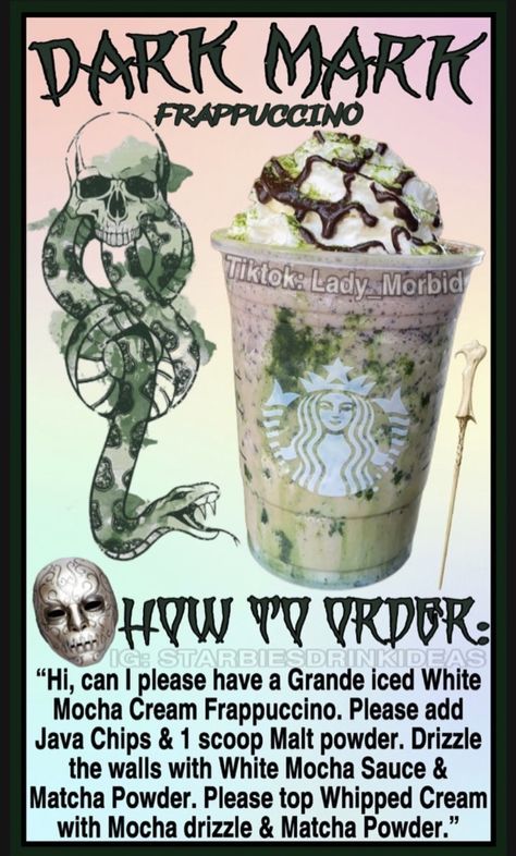 Hazbin Hotel Starbucks Drinks, Slytherin Starbucks Drink, Creative Starbucks Drinks, Harry Potter Themed Food, Starbucks Halloween Drinks, The Dark Mark, Harry Potter Drinks, Starbucks Ideas, Starbucks Flavors