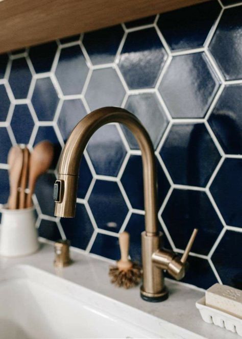 Navy Kitchen, Wit And Delight, Fireclay Tile, Studio Kitchen, Hexagon Tiles, Kitchen Tiles Backsplash, Blue Kitchens, Kitchen Remodel Idea, Kitchen Tiles