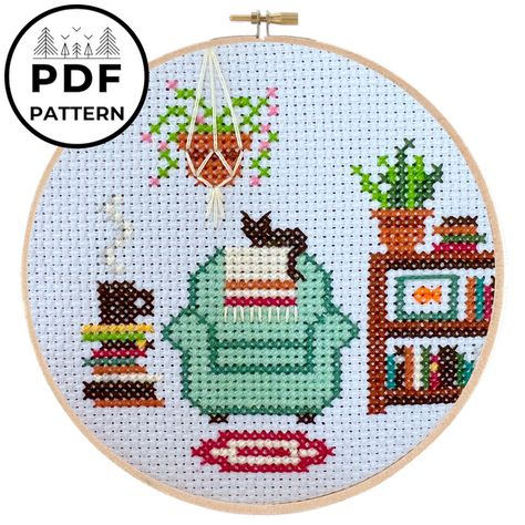 Reading Nook Cross Stitch Pattern – Pigeon Coop Pigeon Coop, Colour Codes, Free Cross Stitch Pattern, Embroidery Crafts, Big Cross, Cute Country, Lazy Cat, Cross Stitch Patterns Christmas, Reading Corner