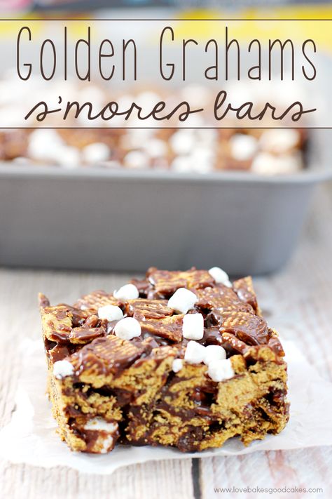 These Golden Grahams S'mores Bars make a great afternoon snack! Plus, get a free printable to help you get started collecting Box Tops for Education! #BTFE Golden Graham Treats, Cny Snacks, Golden Grahams Smores Bars, Coconut Cream Poke Cake, Smores Bar Recipe, Crustless Spinach Quiche, Cream Poke Cake, Baked Smores, Smores Bar