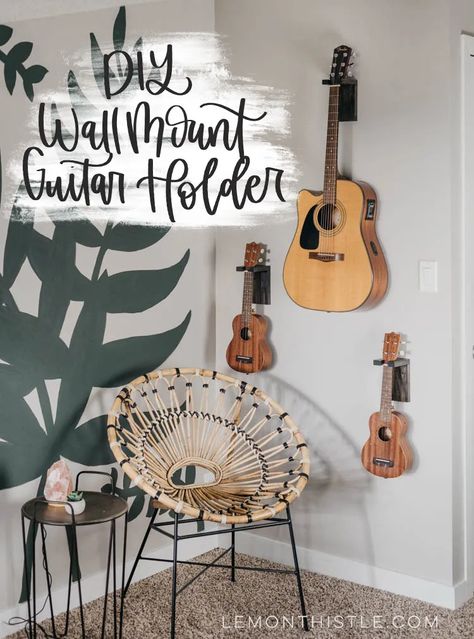 As an artist, I love finding creative ways to display my instruments. It not only keeps them safe and organized, but also adds a personal touch to my ... Boho Corner, Guitar Holder, Artsy Crafts, Guitar Kids, Guitar Wall, Inspired Interiors, Boho Farmhouse, Trendy Home, Modern Diy