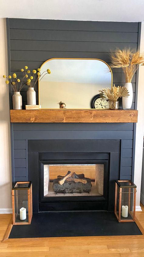 Slate Around Fireplace, Updating An Old Fireplace, Modernize Fireplace Ideas, Boho Living Room Fireplace Decor, Fireplace Makeover Low Ceiling, Update 90s Fireplace, Upgrading Fireplace, Update Gas Fireplace, Easy Fireplace Makeover Diy