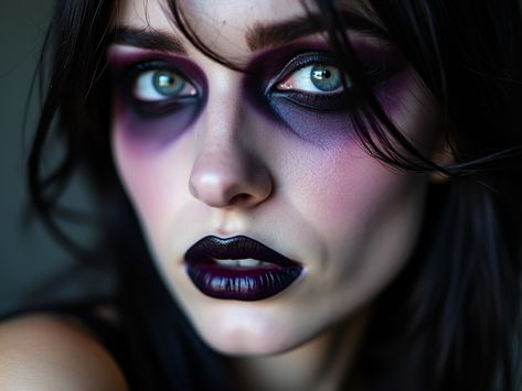 Step into the world of gothic beauty with this close-up portrait featuring dark, smoky eyes and deep purple lips. Her pale skin creates a striking contrast with the bold makeup, while low lighting adds a mysterious, dramatic effect. Perfect for lovers of dark and edgy makeup styles. Dramatic Dark Makeup, Gothic Smokey Eye Makeup, Dark Smoky Eye, Dark Purple Goth Makeup, Purple Goth Eye Makeup, Gothic Editorial Makeup, Purple Lips, Smoky Eyes, Makeup Styles