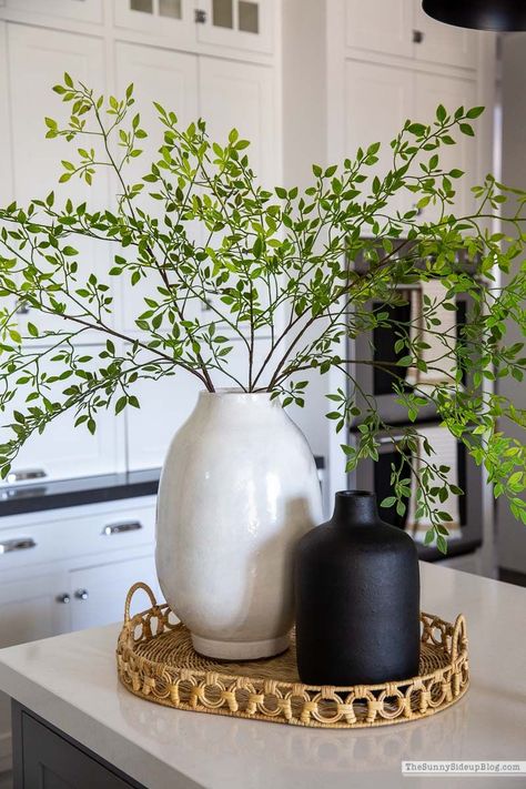 Experience the beauty of nature without the maintenance! Explore how Amazon's faux branches can enhance your summer aesthetic. (Sunny Side Up) Large Vases Decor Ideas, Kitchen Island Decor Centerpieces, Large Vases Decor, Faux Plants Decor, Branch Centerpieces, Vase With Branches, Kitchen Countertop Decor, Faux Branches, Greenery Centerpiece