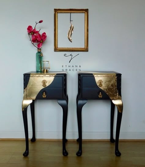 Image of Gold leaf statement Bedside Tables Gold Leaf Furniture, Diy Furniture Renovation, Furniture Renovation, Funky Painted Furniture, Funky Furniture, Household Furniture, Refurbished Furniture, Paint Furniture, Furniture Makeover Diy