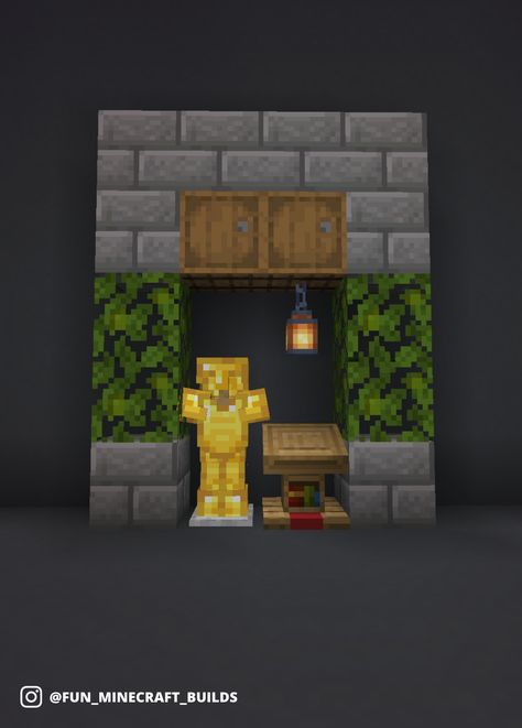 Simple and easy Minecraft medieval themed armor stand with barrels, stone bricks, leaves and a lecturn. #minecraft Minecraft Armor, Stone Bricks, Armor Stand, Medieval Armour, Minecraft Medieval, Minecraft Blueprints, Minecraft Builds, Medieval Armor, Minecraft