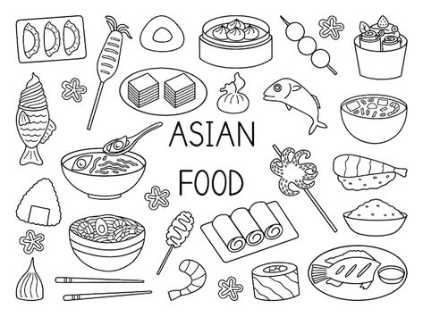 Asian Food Doodles, Food Mural, Food Drawing Easy, Food Doodle, Chinese Drawing, Food Posters, Malay Food, Food Doodles, Food Sketch