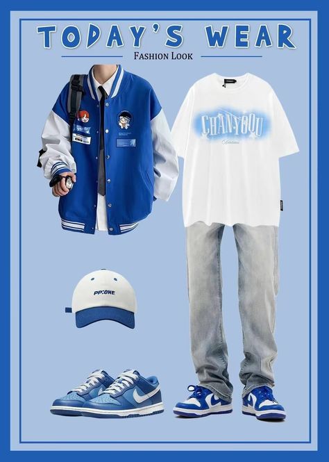 Txt Blue And White Outfit, City Pop Outfits Men, Blue And White Outfit Men, Blue Male Outfit, Black Korean Outfit, Ja Logo, Pastel Blue Outfit, Blue And White Outfits, Boyish Outfits