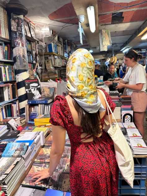 Red dress and headscarf Hair With Silk Scarf, Girl In Library, Lost Hair, Hair Scarf, Scarf Tying, Scarf Hairstyles, Silk Scarves, Square Scarf, We Wear