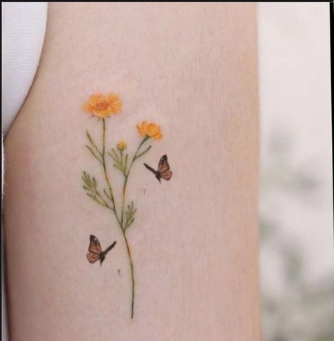 Yellow Dandelion Tattoo, Yellow Flower Tattoos, Buttercup Tattoo, Floral Watercolor Tattoo, Wrist Tattoos Girls, Yellow Rose Tattoos, Poppy Tattoo, Magic Runes, Dad Tattoo