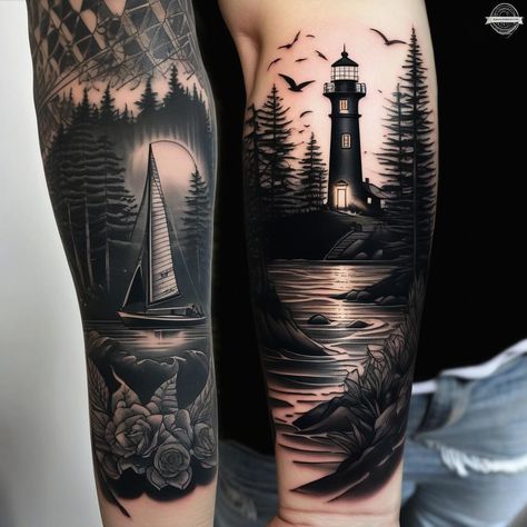 Lighthouse Forearm Tattoo, Sleeve Filler Ideas Men, Light House Tattoo, Sleeve Filler Ideas, Ship Tattoo Sleeves, Lighthouse Tattoos, Nautical Tattoo Sleeve, Sleeve Filler, Tattoo 2024