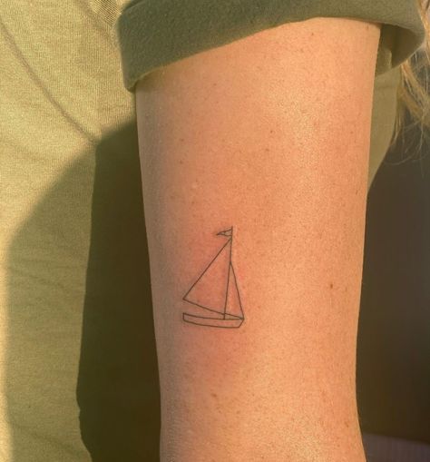 Sunfish Sailboat Tattoo, Mini Boat Tattoo, Minimal Ship Tattoo, Tiny Sailboat Tattoo, Boat Tattoo For Women, Small Boat Tattoo, Small Sailboat Tattoo, Tattoo Sailboat, Sailboat Tattoo Simple