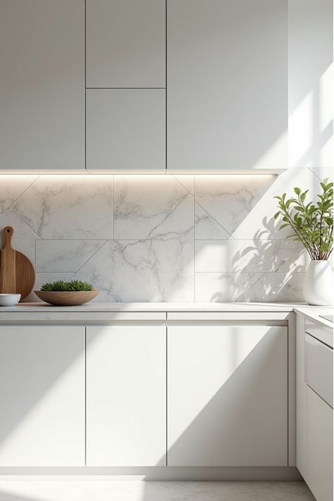 Geometric marble kitchen backsplash with gray and white tones Modern Kitchen Wall Tiles, Marble Backsplash Ideas, Kitchen Backsplash Modern, Backsplash Alternatives, Small Porch Decor, Concrete Backsplash, Creative Kitchen Backsplash, Backsplash Inspiration, Kitchen Backsplash Inspiration