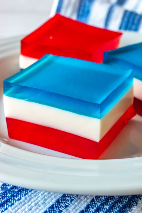 Red White, and Blue Layered Jello White Jello, Finger Jello, Watermelon Jello, Poke Cake Jello, Rainbow Jello, Jello Gelatin, Layered Jello, Jello Cups, Blue Fingers