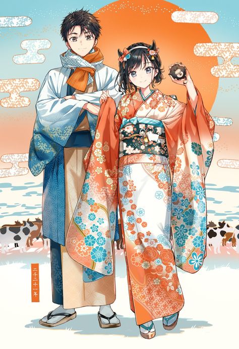 New Year Anime, Japanese New Year, New Year Illustration, New Year Art, Anime Kimono, Cute Animal Drawings Kawaii, Anime Canvas, Anime Drawings Boy, Fantastic Art