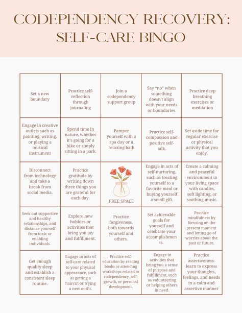 Self-care is. a critical element to healing when recovering from codependency. The shift from focusing on the other to focusing on the self may feel quite uncomfortable at first, and often a recovering codependent may not know where to start. This bingo card for self-care recovery in codependency recovery helps with just that. It offers practical tools for recovery tailored specifically to the recovering codependent. Healing Codependency, Codependency Healing, Codependency Recovery, Clinical Social Work, Practical Tools, Self Care Ideas, Bingo Card, Therapy Counseling, Journal Writing Prompts