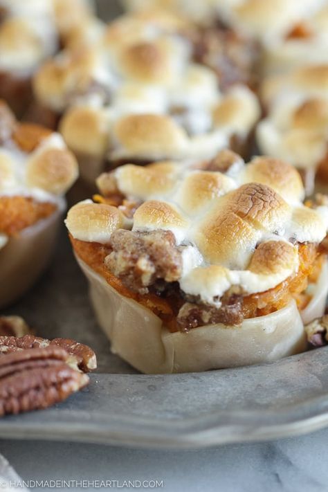 Sweet Potato Casserole Cups | Handmade in the Heartland Sweet Potato Boats, Maple Pecan Sweet Potatoes, Turkey Side Dishes, Potato Boats, Sweet Potato Thanksgiving, Easy Thanksgiving Recipes, Sweet Potato Recipes Casserole, Turkey Recipes Thanksgiving, Maple Pecan