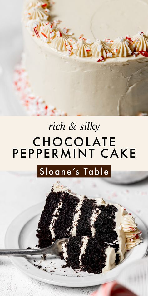 Impress your friends & family at a holiday party with this chocolate peppermint cake! Four layers of rich chocolate peppermint cake are enveloped in a silky white chocolate French buttercream, which is a buttery frosting with just the right amount of sweetness. Top it all off with some crushed candy cane for some extra festive flare! Chocolate Peppermint Cake Roll, Chocolate French Buttercream, Holiday Chocolate Cake, Peppermint Chocolate Cake, Chocolate Christmas Cake, Crushed Candy Cane, Chocolate Peppermint Cake, Bolo Naruto, Winter Cakes