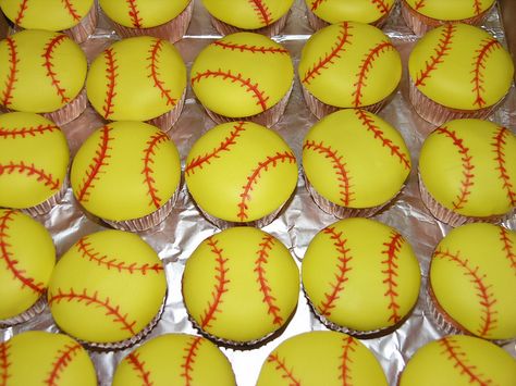 Softball Cupcakes by Cakes by Jeana, via Flickr Softball Birthday Cakes, Softball Treats, Softball Cupcakes, Softball Birthday Parties, Softball Team Gifts, Softball Party, Softball Life, Softball Gifts, Custom Cupcakes