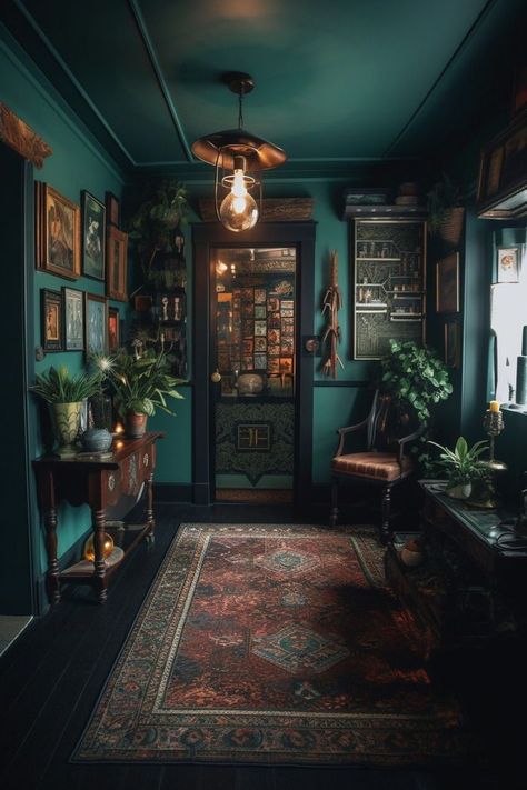 Use vintage furniture pieces like a beautiful console table to create a stylish entryway. Decorate it with books, candles, and potted plants to cultivate an inviting atmosphere that showcases your unique style. #DarkAcademiaFurniture #EntrywayIdeas Dark Moody Hallway, Dark Academia Entryway, Dark Academia Hallway, Moody Hallway, Dark Cottagecore House, Academia House, Cottage Entryway, Gothic Interior Design, Boho Hallway