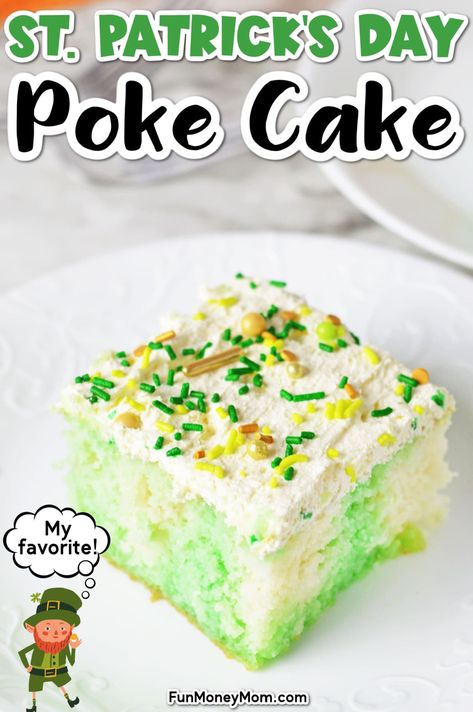 This St. Patrick's Day poke cake is a delicious and crowd-pleasing treat that's all dressed up for St. Patty's Day. With its pretty green color and festive sprinkles, this colorful cake is the perfect dessert for your holiday celebration! Green Poke Cake, Hello Poke Cake, Irish Cream Poke Cake, Pudding And Cool Whip, Whip Frosting, White Chocolate Pudding, St Patricks Day Cakes, Cool Whip Frosting, Irish Apple Cake