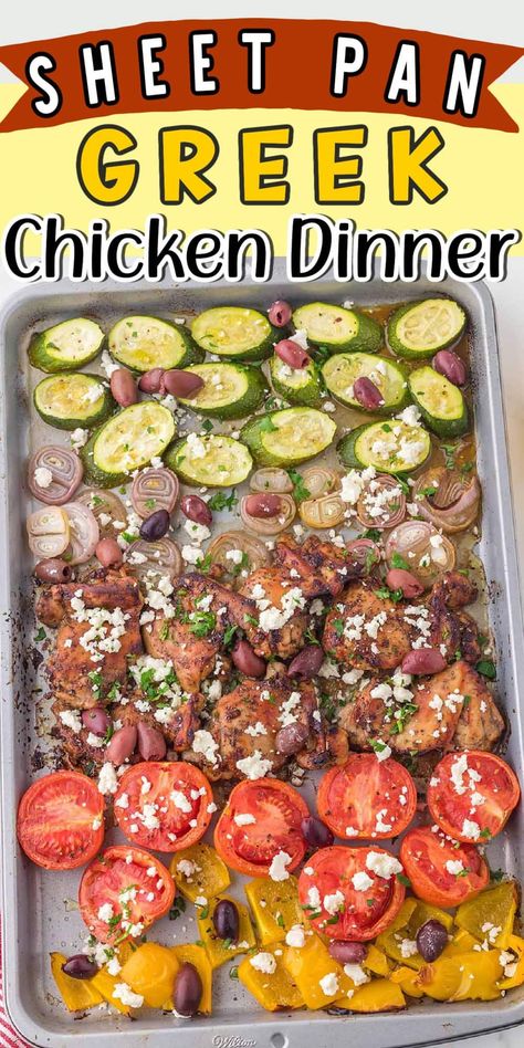 Greek Chicken Dinner, One Pan Greek Chicken, Sheet Pan Greek Chicken, Meat And Veggies, Pinky Girl, Pan Dinners, Pan Meals, Greek Chicken, Pan Recipes