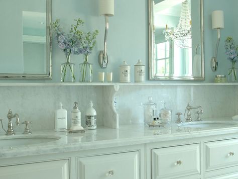 source: Berkley Vallone  Gorgeous bathroom with white dual vanity featuring crystal hardware and his and her sinks with traditional style faucets framed by a marble countertop with backsplash ledge. The vanity pairs with polished nickel mirrors flanked by polished nickel sconces, Ruhlmann Single Sconces in Polished Nickel, over light blue walls. Nice Bathrooms, Traditional Bathroom Decor, Condo Bathroom, Traditional Bathroom Designs, Bad Inspiration, Permanent Residence, Bathroom Countertops, Bathroom Redo, Bad Design