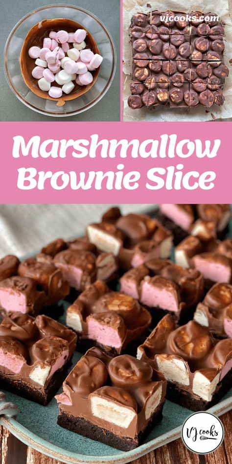 Marshmallow Brownie Slice Dessert Recipes Marshmallow, Marshmallow Biscuits, Morning Tea Ideas, Caramilk Cheesecake, Brownie Slice, Cookie Slice, Marshmallow Dessert Recipes, Marshmallow Dessert, Marshmallow Topping