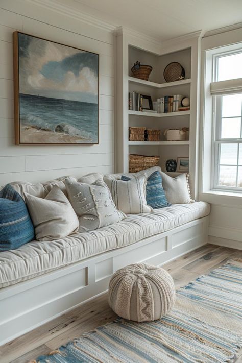 40 Modern Coastal Decor Ideas for a Serene Home Modern Coastal Living Room Ideas, Obx House, Cape Cod Living Room, Coastal Living Room Ideas, Modern Coastal Living Room, Adding Storage, Serene Home, Modern Coastal Decor, Beach House Interior Design