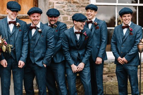 Groom Groomsmen Suits Bow Ties Flat Caps Baker Boy Hats Waistcoats Peaky Blinders Dewsall Court Wedding Oobaloos Photography  #Groom #Groomsmen #WeddingSuits #BowTies #FlatCaps #BakerBoyHats #Waistcoats #PeakyBlinders #Wedding 1920s Mens Wedding Suit, 1920 Groomsmen Attire, Groom Hat Wedding, Wedding Hats For Groom, Groomsmen Hats, Peaky Blinders Wedding, Vintage Groomsmen, 1920 Wedding, 20s Wedding