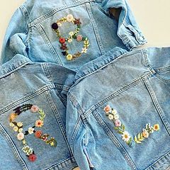 Shop (All) | Praireknotco Hand Embroidered Denim, Denim Jacket Embroidery, Jean Jacket Diy, Embroidery Jeans Jacket, Clothes Embroidery Diy, Personalized Jacket, Demin Jacket, Jean Jacket For Girls, Floral Initial