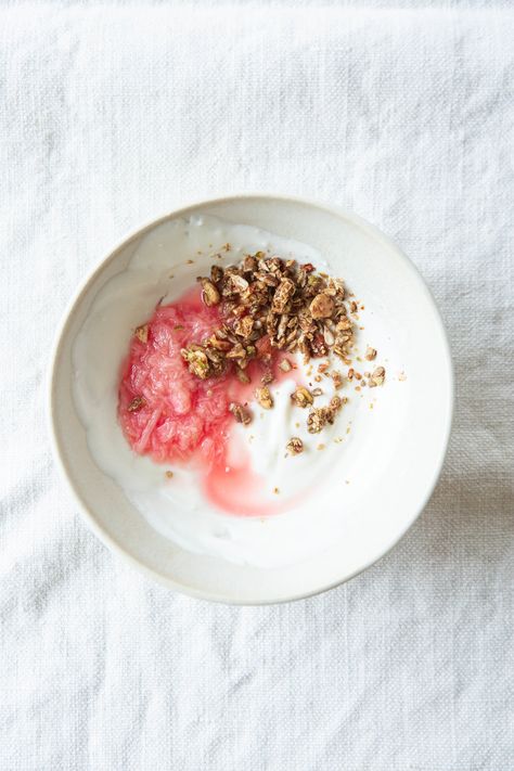 Breakfast Rhubarb Yogurt — House of Citrine Rhubarb Yogurt, Rhubarb Compote, Plant Based Yogurt, Compote Recipe, Eating Schedule, Casein Protein, Yogurt And Granola, Modern Food, Nourishing Foods