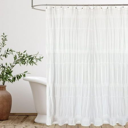 Our Seasonwood cotton shower curtain is easy care,just machine washes cold, gently and separately.The ruffles and tassels are just the right amount of embellishment without the need for different colors and patterns. It's made of high-quality cotton so it's soft and durable, and the entire shower curtain is moderately heavy, not light or heavy.The Striped design of pinched pleat by hand adds a sophisticated and romantic look to your bathroom, it looks great in any bathroom. Size: 72" x 72".  Col White Shower Curtain Bathroom, Shower Curtain Farmhouse, White Shower Curtains, Future Decor, Curtains For Bathroom, College House, Farmhouse White, Cotton Shower Curtain, Bathroom Size