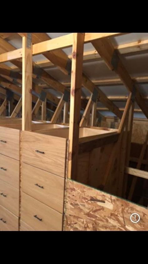 Storage Between Trusses, Attic Access Ideas, Diy Canning Storage, Rafter Storage, Attic Remodel Before And After, Attic Storage Ideas, Attic Storage Organization, Canning Storage, Attic Storage Solutions