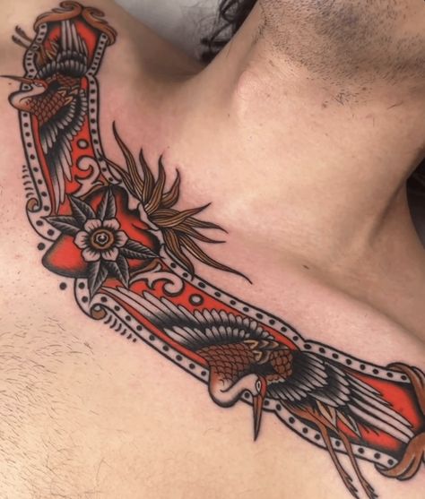 Traditional Chest Tattoo, Collar Tattoo, Traditional Chest, Small Bird Tattoo, Chest Piece, Chest Tattoo, Tattoo Style, Traditional Tattoo, Arm Tattoo