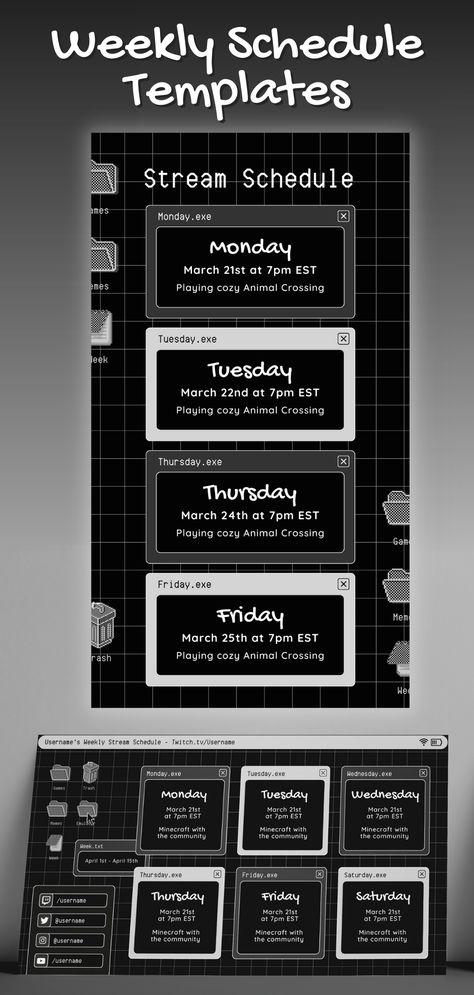 Dark Retro Lofi Twitch YouTube Weekly Stream Schedule - Black & White Twitch Schedule Template Twitch Schedule, Schedule Aesthetic, Stream Schedule, Schedule Templates, Weekly Schedule, Wedding Aesthetic, Retro Wedding, Schedule Template, Black And White Aesthetic