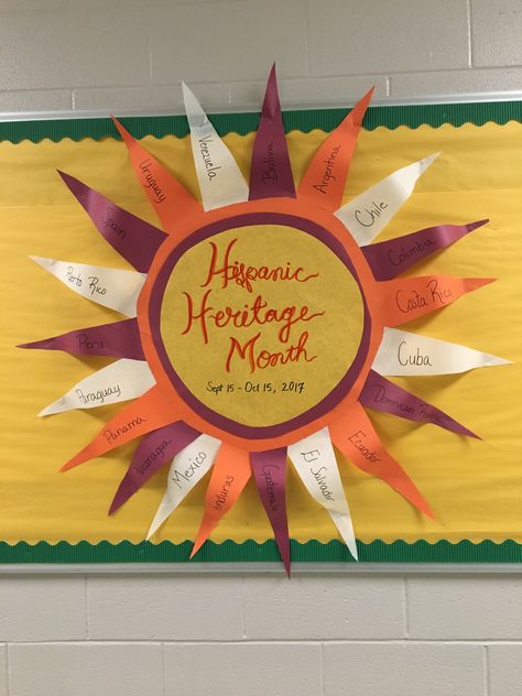 Bulletin Board for Hispanic Heritage Month Spanish Cognates Word Wall, Celebrating Hispanic Heritage Month, Hispanic Heritage Month Poster Ideas, Hispanic Heratige Month Bulletin Board, Spanish Heritage Month Decorations, Latinx Heritage Month Bulletin Board, Hispanic Heritage Month Book Display, Latin Heritage Month Bulletin Board, Hispanic Heritage Month School Ideas