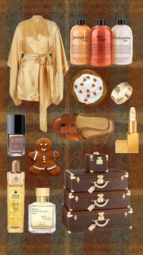 Fall moodboard outfit inspo wishlist autumn starter pack pajamas gingerbread amber brown neutraltones gold golden Gold Pjs, Brown Pajamas, Brown Pjs, Cozy Fall Pajamas Aesthetic, Autumn Pajamas Aesthetic, Cider Bar, Chanel Makeup, Starter Pack, Mood Boards