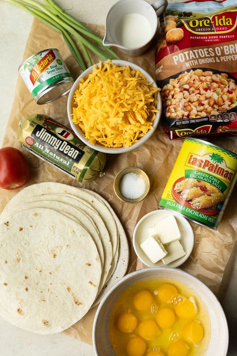 Cheesy Scrambled Eggs, Enchilada Ingredients, Breakfast Enchiladas, Crispy Beef, Green Enchilada Sauce, Green Chiles, Breakfast Casserole Sausage, Breakfast Drink, Main Dish Salads